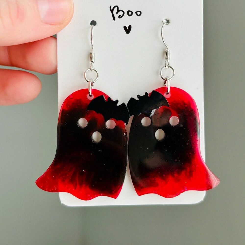 Red Ghost Earrings with Bats, Blood Red Resin Dangles, Gothic Halloween Jewelry